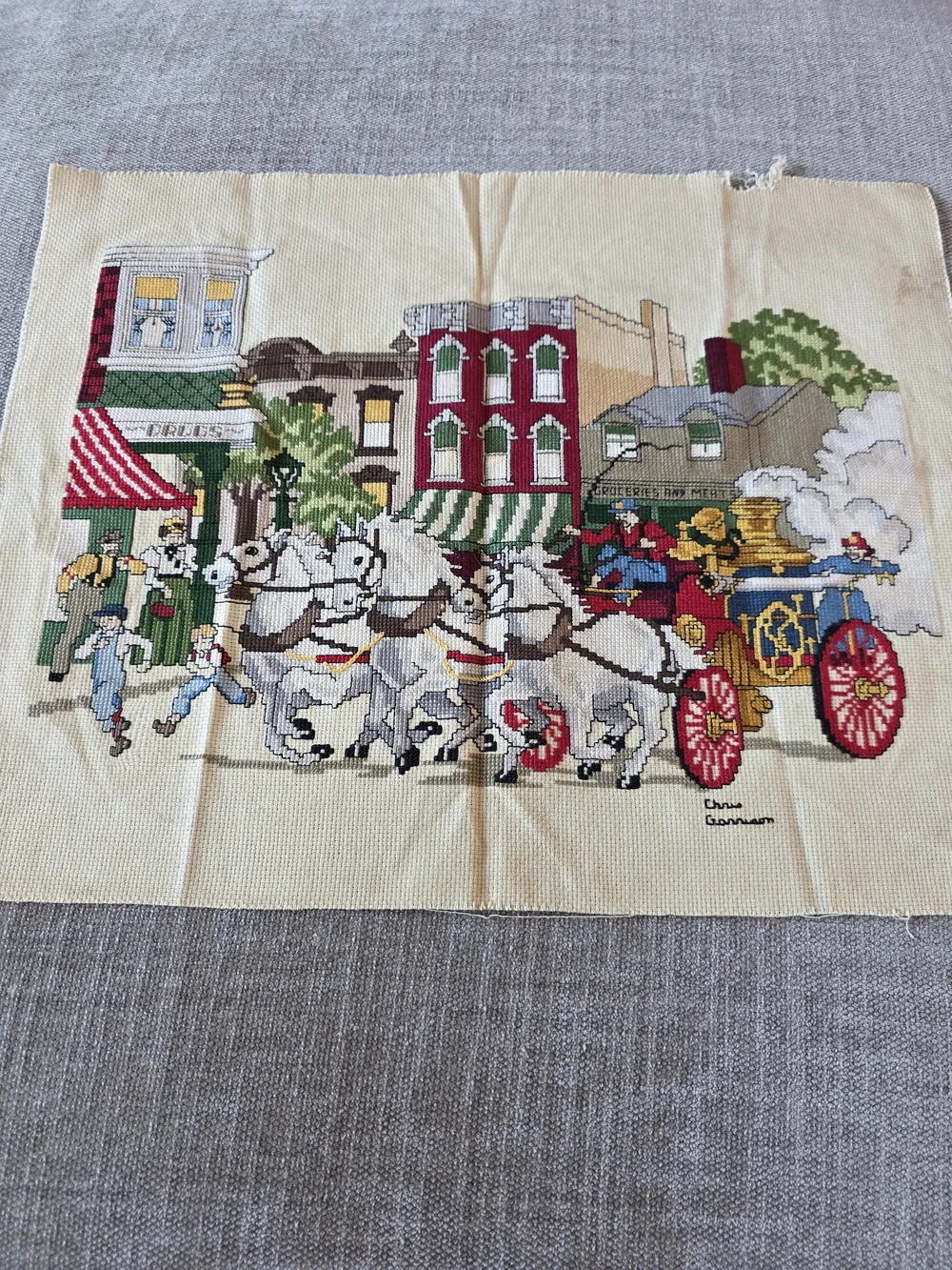 Vintage Cross Stitch Horse-Drawn Fire Wagon Scene Unframed Tapestry